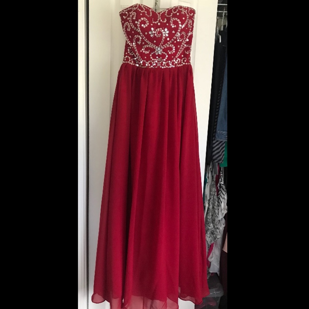 Red Beaded Long Prom Dress
